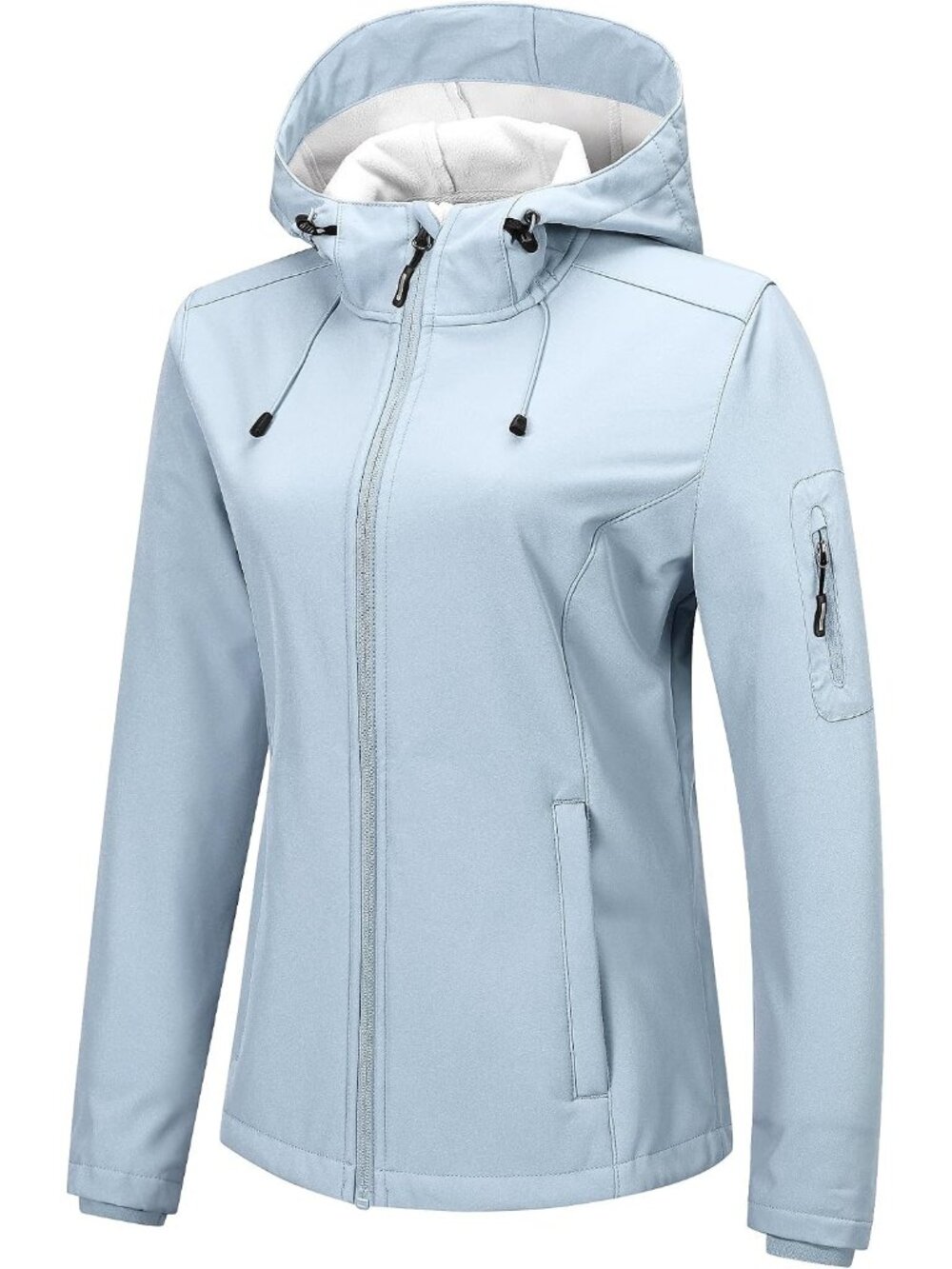 Women's Sky Blue Hooded Softshell Fleece Lined Cuff Sleeve Waterproof Rain Coat